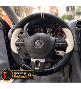 Vw Touran 1 Dikme Direksiyon Kılıfı Delikli Deri Parlak Siyah Bej Detay Çift Yüzük ve Dikiş 2010-2015