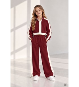 Bordo Kız Çocuk Fermuar Yaka Crop Sweatshirt Şeritli Geniş Paça Eşofman Takımı 24945