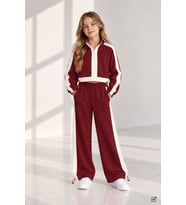 Bordo Kız Çocuk Fermuar Yaka Crop Sweatshirt Şeritli Geniş Paça Eşofman Takımı 24945