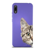 Huawei Y6 2019 Uyumlu Lansman Kılıf Catface Tasarımlı İçi Kadife Kapak-Mor (Şeffaf)