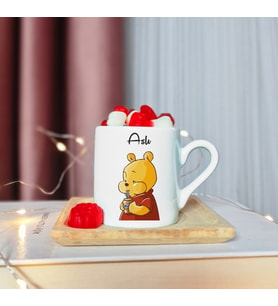 Winnie The Pooh Tasarımlı Ahşap Tabaklı Kişiye Özel Türk Kahvesi Fincanı