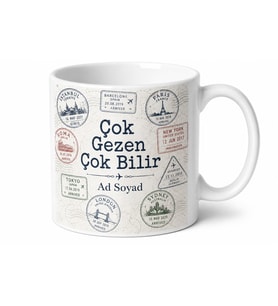 Pasaport Damgaları Desenli Çok Gezen Çok Bilir Gezgin Kupa Bardak Hediye