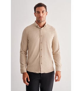 Bej Smart Düğmeli Yaka Uzun Kol Cepsiz Slim Fit Casual Gömlek 1004255168