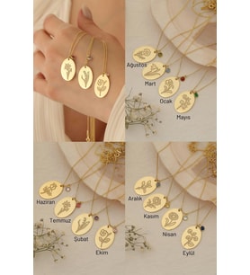 925 Ayar Gümüş Plaka Doğum Çiçeği Kolye (Gold)
