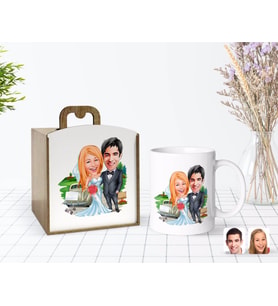 BK Gift Kişiye Özel Ahşap Kutuda Evleniyoruz Karikatürlü Beyaz Kupa Bardak-1