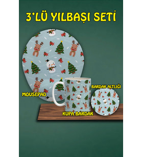 Yılbaşı Temalı 3'lü Bilek Destekli Mousepad Kupa Ve Bardak Altlığı Seti