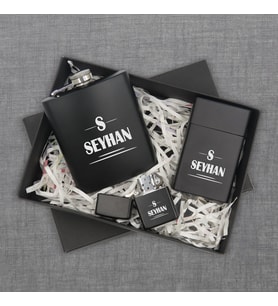 BK Gift Kişiye Özel İsimli Siyah Çelik İçki Matarası Sigara Kutusu ve Benzinli Çakmak Hediye Seti -16, Sevgiliye Hediye, Arkadaşa Hediye, Doğum Günü Hediyesi