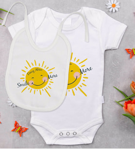 BK Kids Kişiye Özel Smile More Tasarımlı Bebek Body Zıbın ve Mama Önlüğü Hediye Seti - Model 1