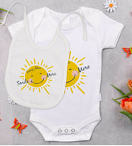 BK Kids Kişiye Özel Smile More Tasarımlı Bebek Body Zıbın ve Mama Önlüğü Hediye Seti - Model 1