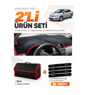 TOYOTA COROLLA E140 (2006-2012) Uyumlu Torpido Örtüsü + Deri Bagaj Çantası + Sticker Seti - Siyah Kırmızı