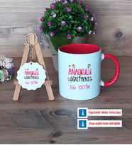 Anaokulu Öğretmeni Kupa Bardak Kırmızı ve Ahşap Anahtarlık Hediye Öğretmenler Günü Hediyesi (Model 1)