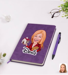 BK Gift Kişiye Özel Kadın Emlakçı Karikatürlü Mor Termo Deri Defter Kalem Seti Model 2
