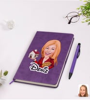 BK Gift Kişiye Özel Kadın Emlakçı Karikatürlü Mor Termo Deri Defter Kalem Seti Model 2