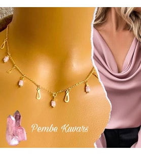 Manna by Banu, GERÇEK AŞK Kolye, Doğal Taş, Pembe Kuvars, Altın Kaplama, El Yapımı, Kadın Gerdanlık