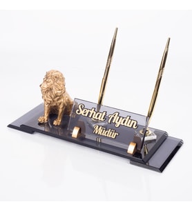 Aslan Biblolu Elit Kristal İsimlik Çift Kalemli Masa İsimliği Lion Lüks Ofis Hediye Masaüstü İsimlik