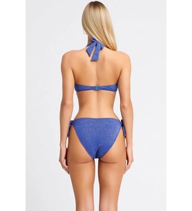 Kadın Bikini Takımı Üçgen Kap Yaka Kolsuz Simli Örme Kumaş Normal Bel Bağlamalı Yan Slip Alt