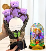 Sizlere Özel Renkli Led Işıklı Biblolu Fanus ve Aynalı Mor Peluş Ayıcık Buketi (Model 6)