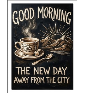 Good Morning Kahve Ve Dağ Manzara Dekoratif Kanvas - Mdf Ahşap Tablo