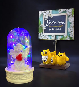 Renkli Led Işıklı Beyaz Melekli Fanus ve Baykuş Not Tutucu  Senin İçin Hediye Kartlı