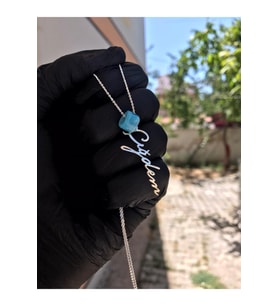 Dikey Imza Isimli Turkuaz Taşlı Gümüş Avşar Kolyesi