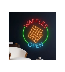 WAFFLES OPEN Yazılı ve Şekilli Neon Tabela