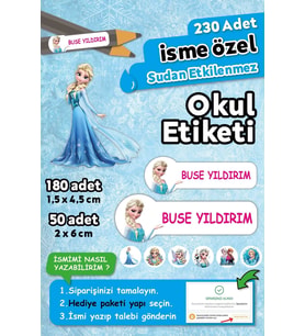 Elsa Temalı Kişiye Özel İsimli Defter Kalem Okul Etiketi, Yırtılmaz PVC Etiket, Sudan Etkilenmez (Beyaz)