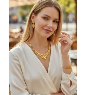 Vip Altın Kaplama Yaprak Küpe Bileklik Kolye Set - 26set19