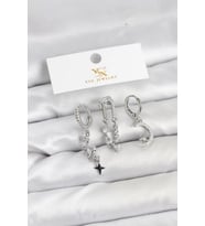 Pirinç Gümüş Renk Zirkon Taşlı Uzay Model YSX Trio Küpe Seti - TJ-BKP11569
