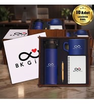 Logonuza Özel 10 Adet Ahşap Kutulu Lacivert Kurumsal Hediye Seti – Cam Suluk, Seramik Fincan, Defter ve Kalemli Promosyon Seti