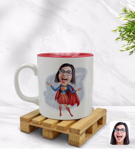 BK Gift Kişiye Özel Süper Anne Karikatürlü İçi Kırmızı Renkli Kupa Bardak Model 1