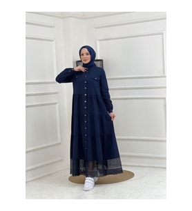 Dantelli Doğal Kumaşlı Boydan Düğmeli Kot Elbise (Lacivert)