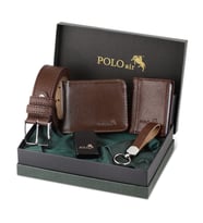 Polo Air Kutulu Klasik Erkek Çakmak Anahtarlık Cüzdan Kemer Kartlık Seti CHM-12 (Kahverengi)