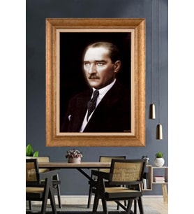 Altın Varaklı Çerçeveli Paspartulu Atatürk Tablo nh443 (Gold)
