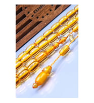 7x12 mm Altın Rengi Zar Kehribar Tesbih - Ebu Sırr Usta İmzalı Tespih - Ahşap Kutulu Hediyelik (Lacivert-Kırmızı)