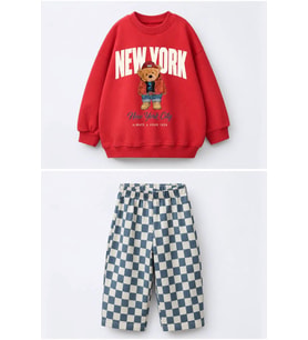 New York Bear Detaylı Damalı Unisex Çocuk Takım - Kırmızı