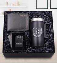 Kişiye Özel Kulplu 280ml Siyah Çelik Termos & Siyah Erkek Cüzdanı & Siyah Zippo Tarzı Çakmak Hediye Seti