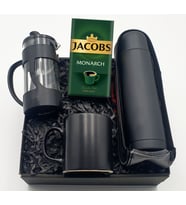 Siyah Kilitli Kapaklı Çelik Termos 500 ML & Siyah Kulplu Cam French Press 350 ML & Siyah Kupa & Jacobs Monarch Filtre Kahve