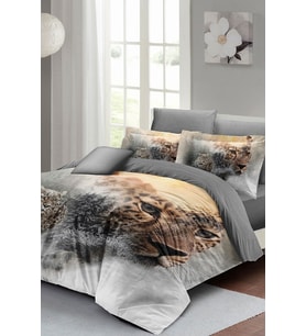 Leopar Lastikli Çarşaflı %100 Pamuk Saten Çift Kişilik Nevresim Takımı Snow Leopard