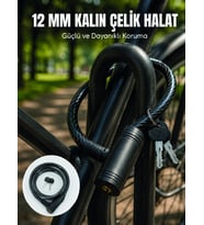 Mey İthalat® Anahtarlı Çelik Halat Kilit 12 mm Güçlü Bisiklet Kilidi 80 cm PVC Kaplamalı Elektrikli Scooter ve Motosiklet Uyumlu