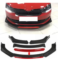 Skoda Fabia Kırmızı Renkli Şeritli Dilli Ön Lip 4 Prç Parlak Siyah ABS