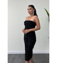 Üç Boyutlu Kumaş Bolero Detaylı Kalem Elbise - SİYAH