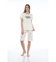 Estiva 22065 Kadın Palmiye Desenli Viskon Kısa Kollu Kaprili Pijama Takımı (Ekru)