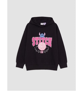 LCW Kids Siyah Kapüşonlu Stitch Baskılı Sweatshirt