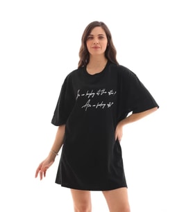 pilelistore- Unisex Bisiklet Yaka Baskılı Oversize T-Shirt - Siyah