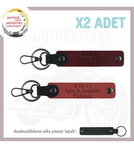 Motorsiklet Tarzına Özel İsim Plaka ve B Rh (-) Kan Grubu Yazılı x2 Anahtarlık, Nar Çiçeği-Bordo-Syh (Çok Renkli)