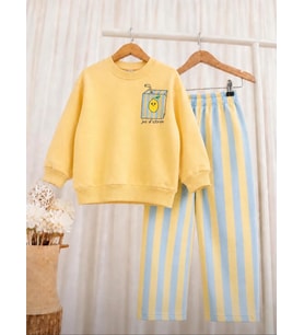 Limon Baskılı Sweatshirt ve Çizgili Eşofman Kız & Erkek Çocuk 3ip Alt Üst Takım