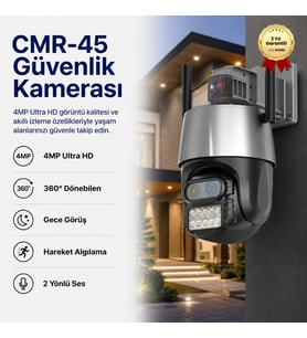 CMR45 4MP Ultra HD Kablosuz Güvenlik Kamerası, 360° Dönebilen Wi-Fi Kamera, Gece Görüş, Hareket Algılama, 2 Yönlü Ses, Uzaktan İzleme HZLSTORE
