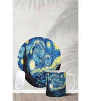 Van Gogh Yıldızlı Geceler Desenli Bilek Destekli Mouse Pad Kupa Seti