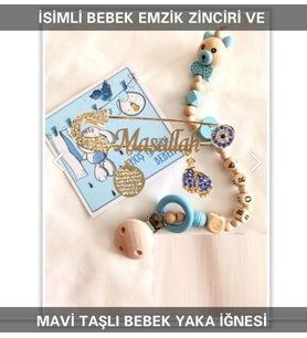 Sahi Aksesuar İsimli Bebek Emzik Zinciri ve Mavi Taşlı Bebek Yaka İğnesi