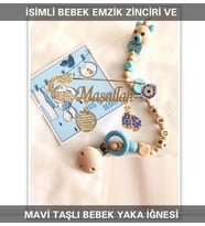 Sahi Aksesuar İsimli Bebek Emzik Zinciri ve Mavi Taşlı Bebek Yaka İğnesi